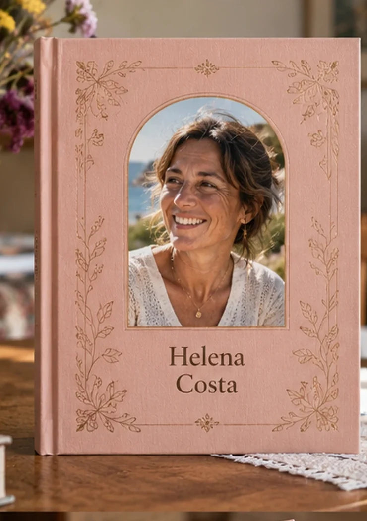 Capa rosa clara com fotografia central e nome personalizado
