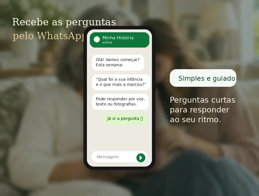 Telemóvel com perguntas da Minha História recebidas pelo WhatsApp
