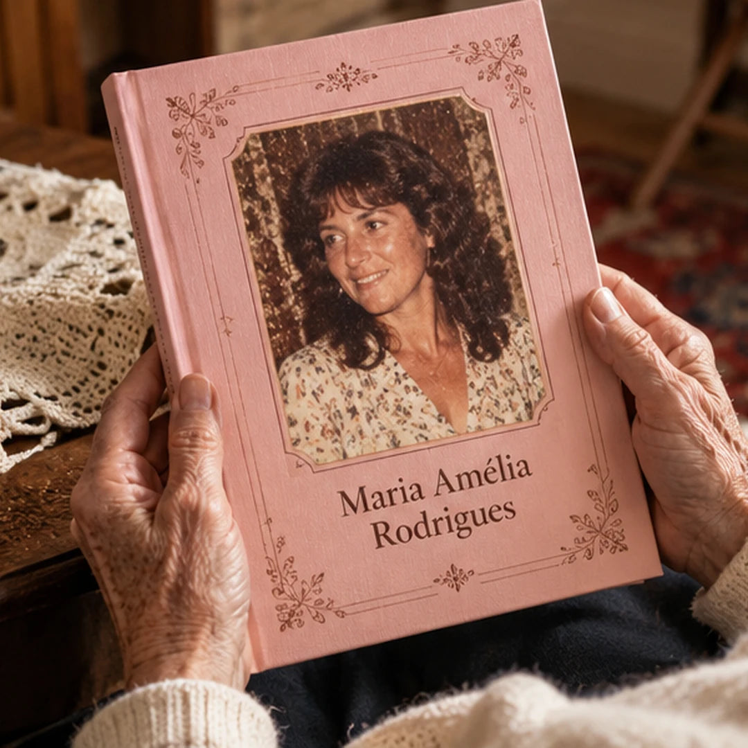 Livro de memórias personalizado com a capa inteira, oferecido nas mãos de uma avó