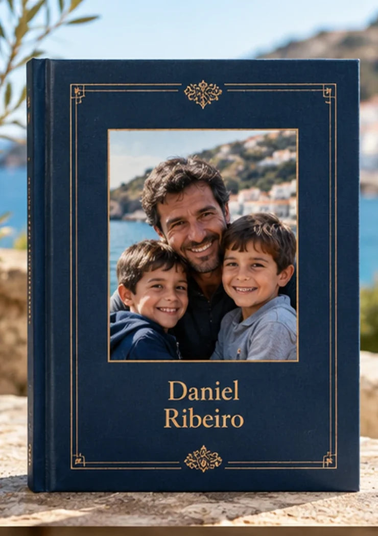 Livro azul com retrato de pai e filhos ao centro, ideal para oferecer ao pai