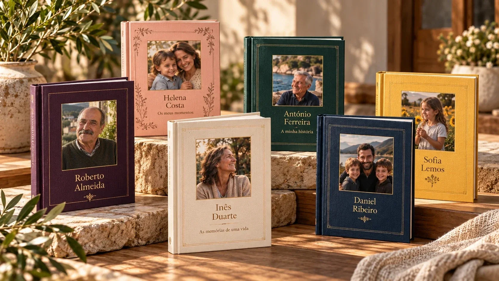 Coleção completa de livros Minha História personalizados com diferentes capas e retratos