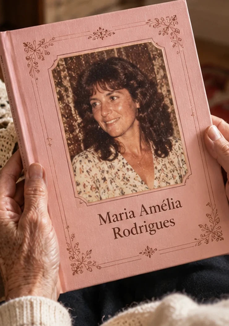 Livro rosa segurado nas mãos, pronto para oferecer, com fotografia ao centro e nome em destaque