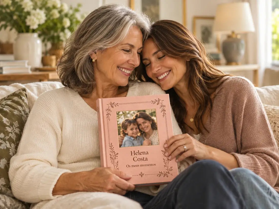 Mãe e filha com o livro Minha História acabado